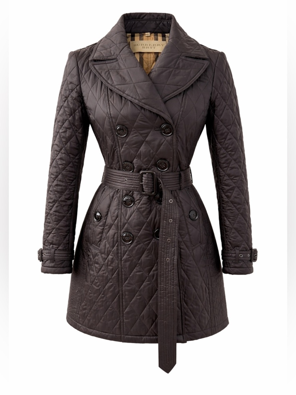 BURBERRY | Black Quilted Double Breasted Trench Coat Belted Jacket Check Small‎